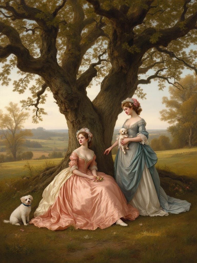 Georgian Women with Dog in Pastoral Landscape Painting