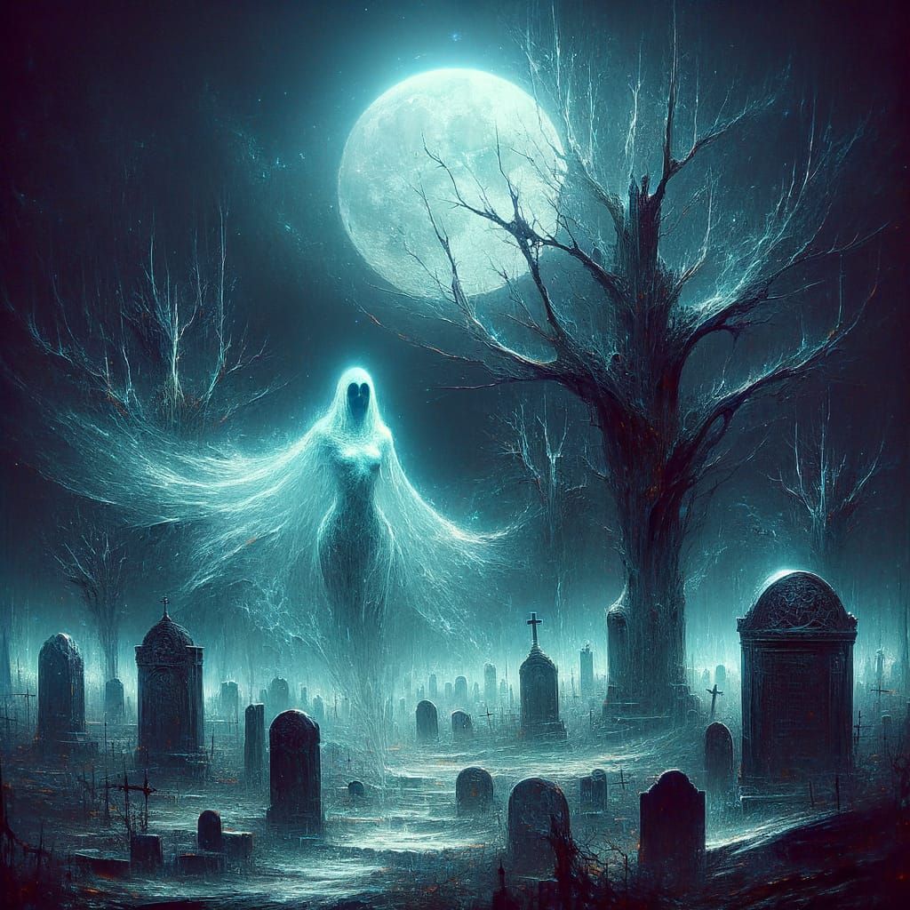 Spectral Figure Haunts Moonlit Graveyard in Dark Fantasy Art