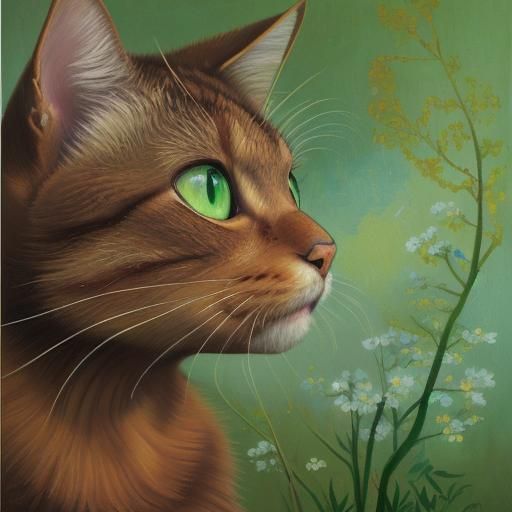 Brown Cat with Green Eyes in Van Gogh Style