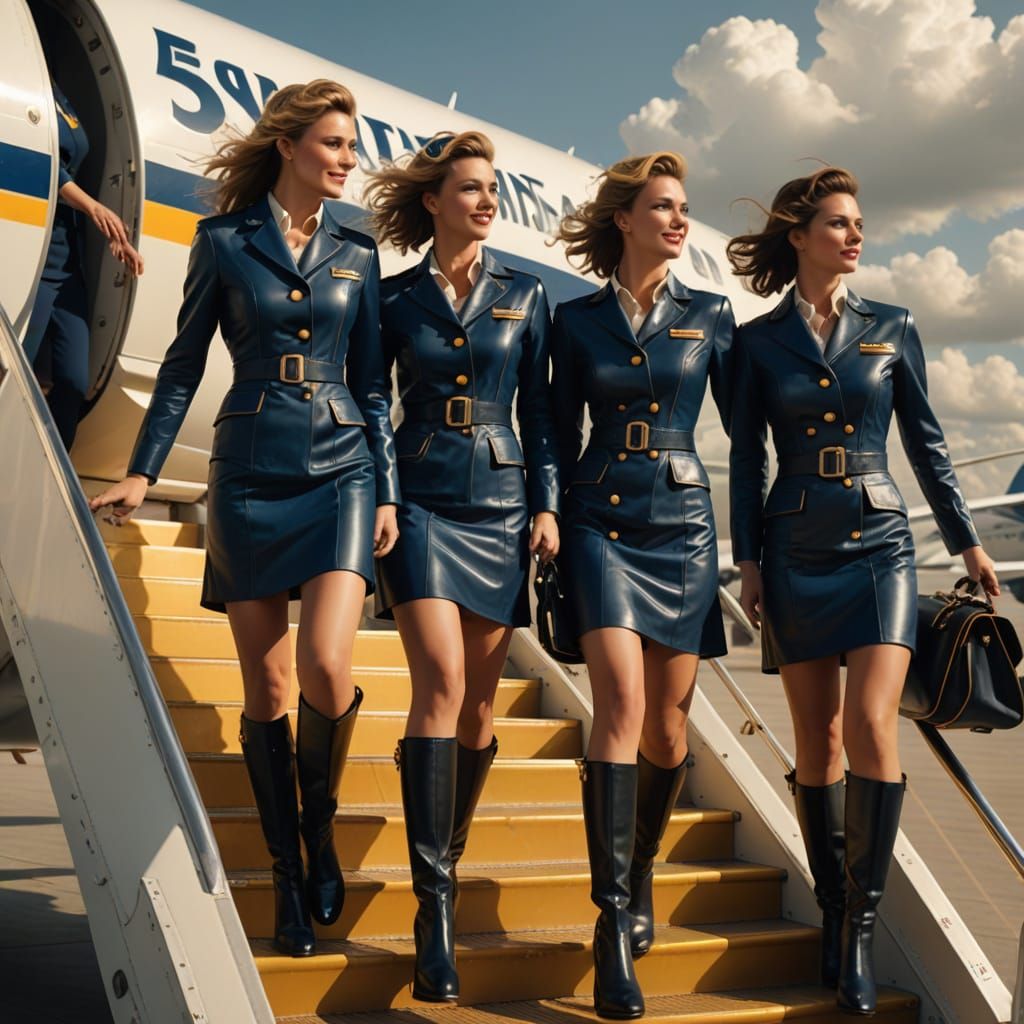 Lufthansa Stewardesses in Leather Uniforms: Digital Art