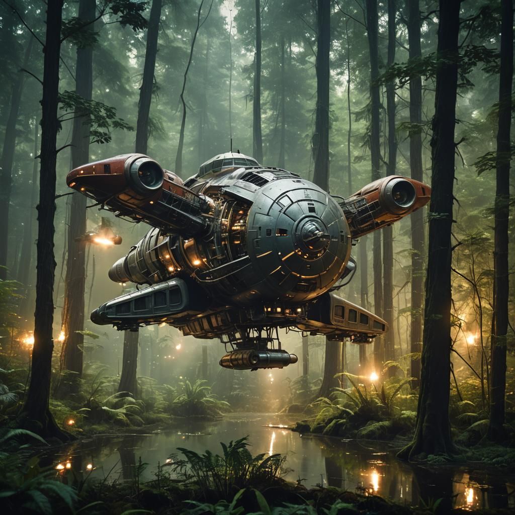 Serenity Spaceship in Alien Forest, Cinematic Film Still