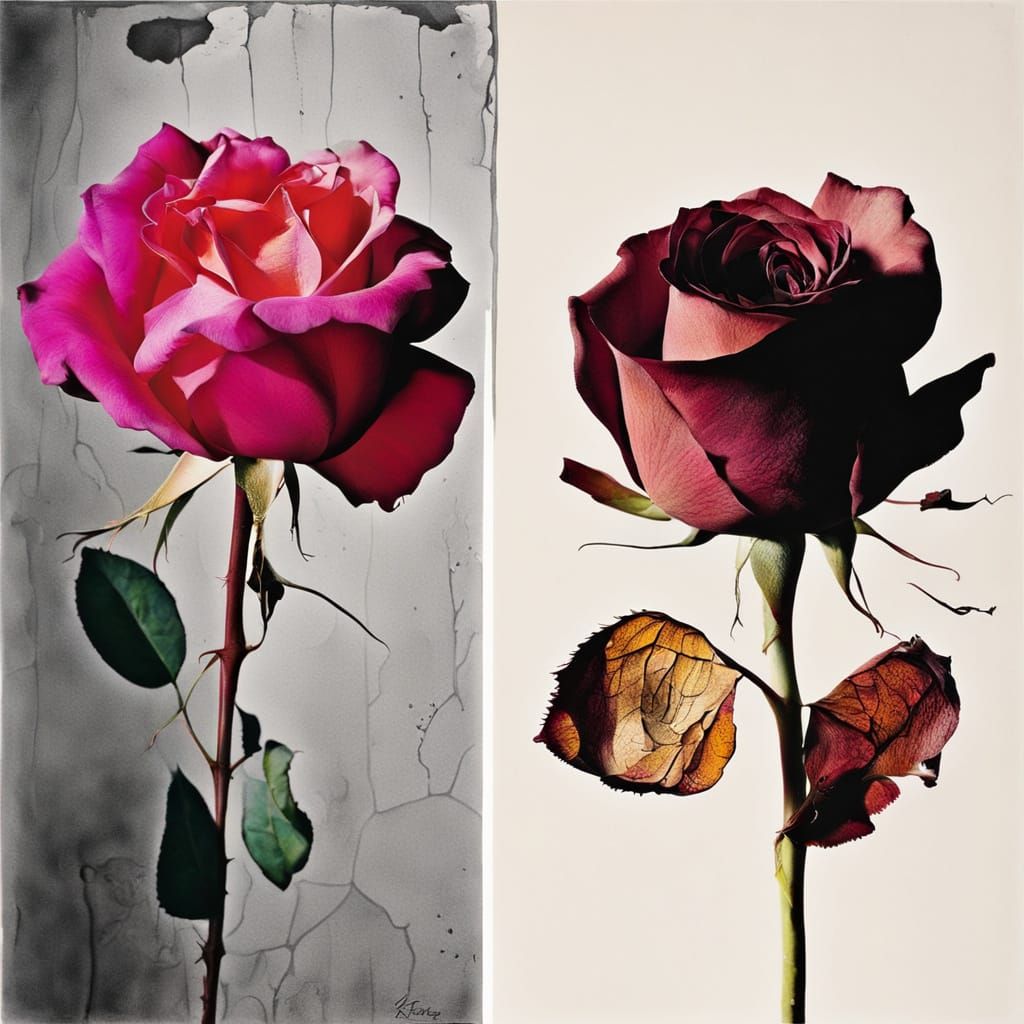 Rose and Wilted Flower: Life and Decay Juxtaposition