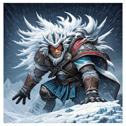 Pixel art character: a daring explorer climbing a snow-cover...