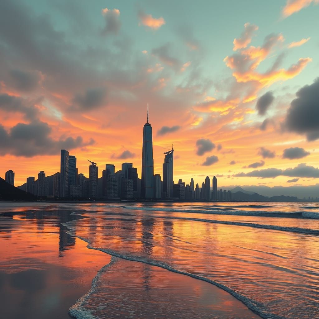 Surreal Cityscape at Sunset with Majestic Mountains and Calm...