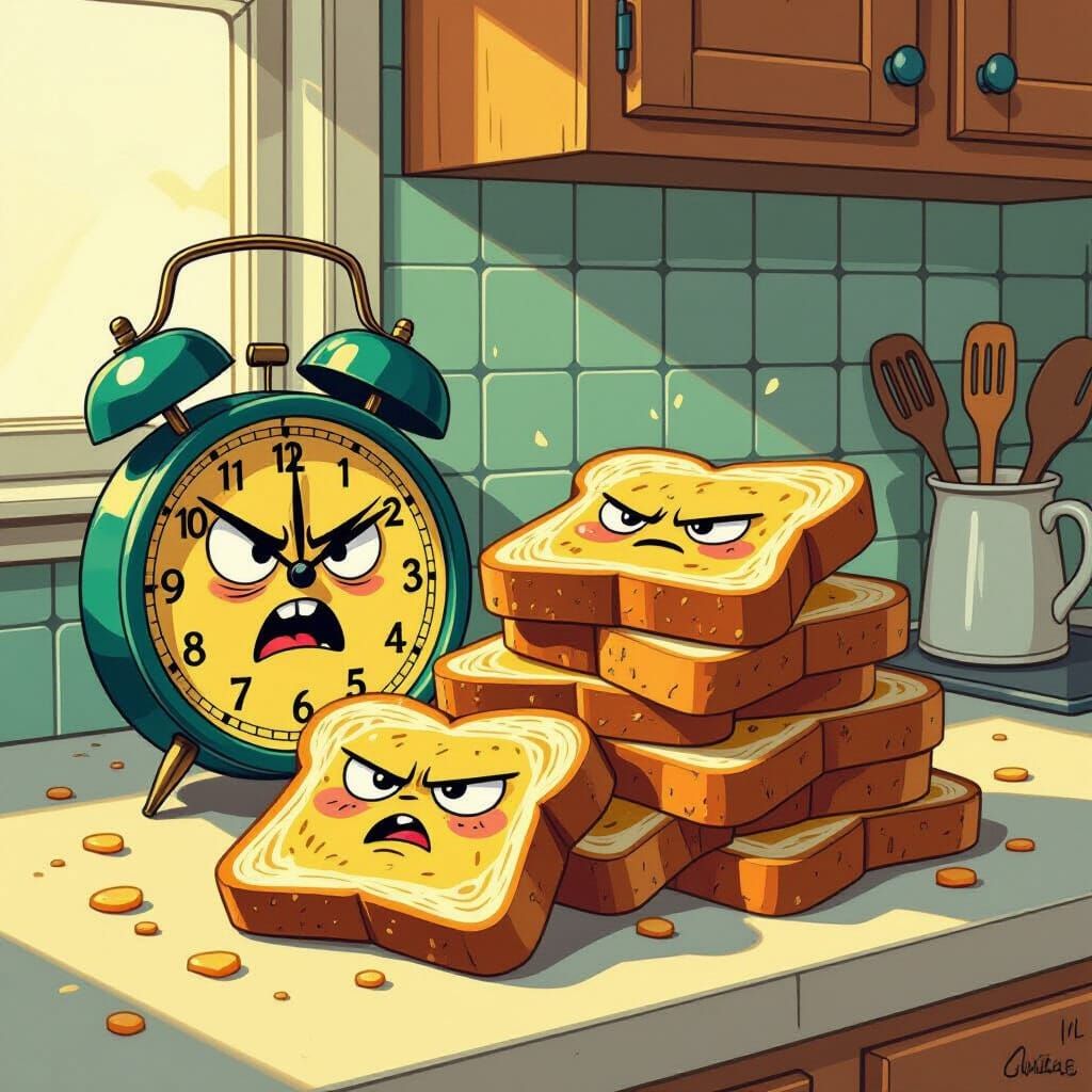 Grumpy Alarm Clock Wakes Sleepy Toast in Cartoon Style