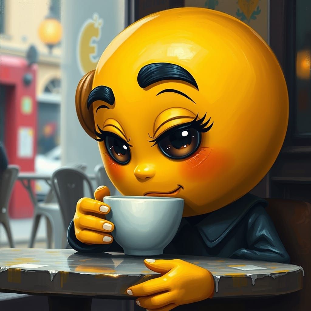 Vibrant Yellow Emoji in a Cozy Bistro Scene, in Oil and Acry...