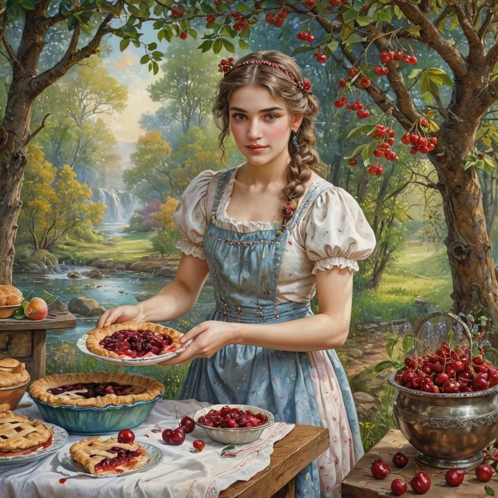 Country Girl Baking Cherry Pies in Retro Watercolor
