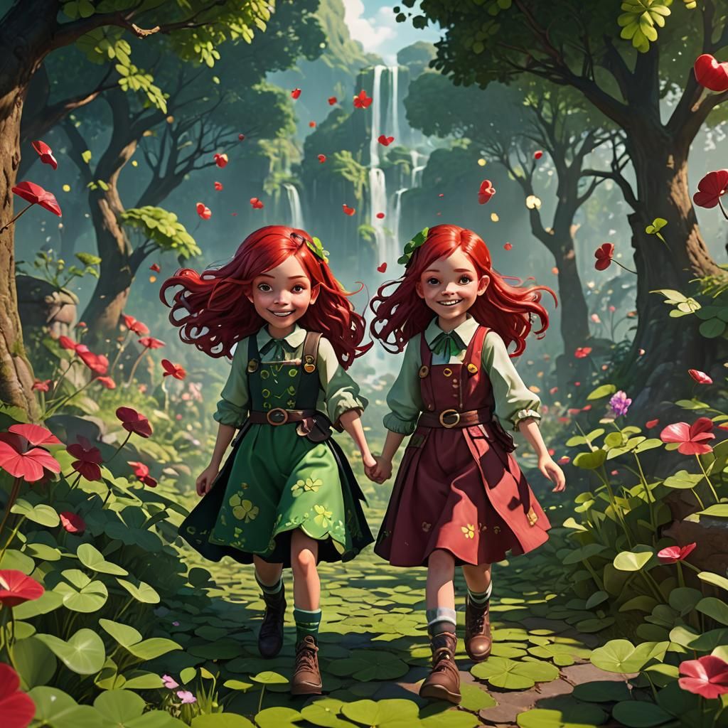 Kidcore Style Girl with Ruby Hair and Clovers