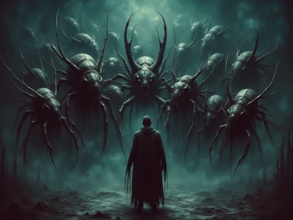 Exterminator Faces Giant Beetle Court in Dark Fantasy Style