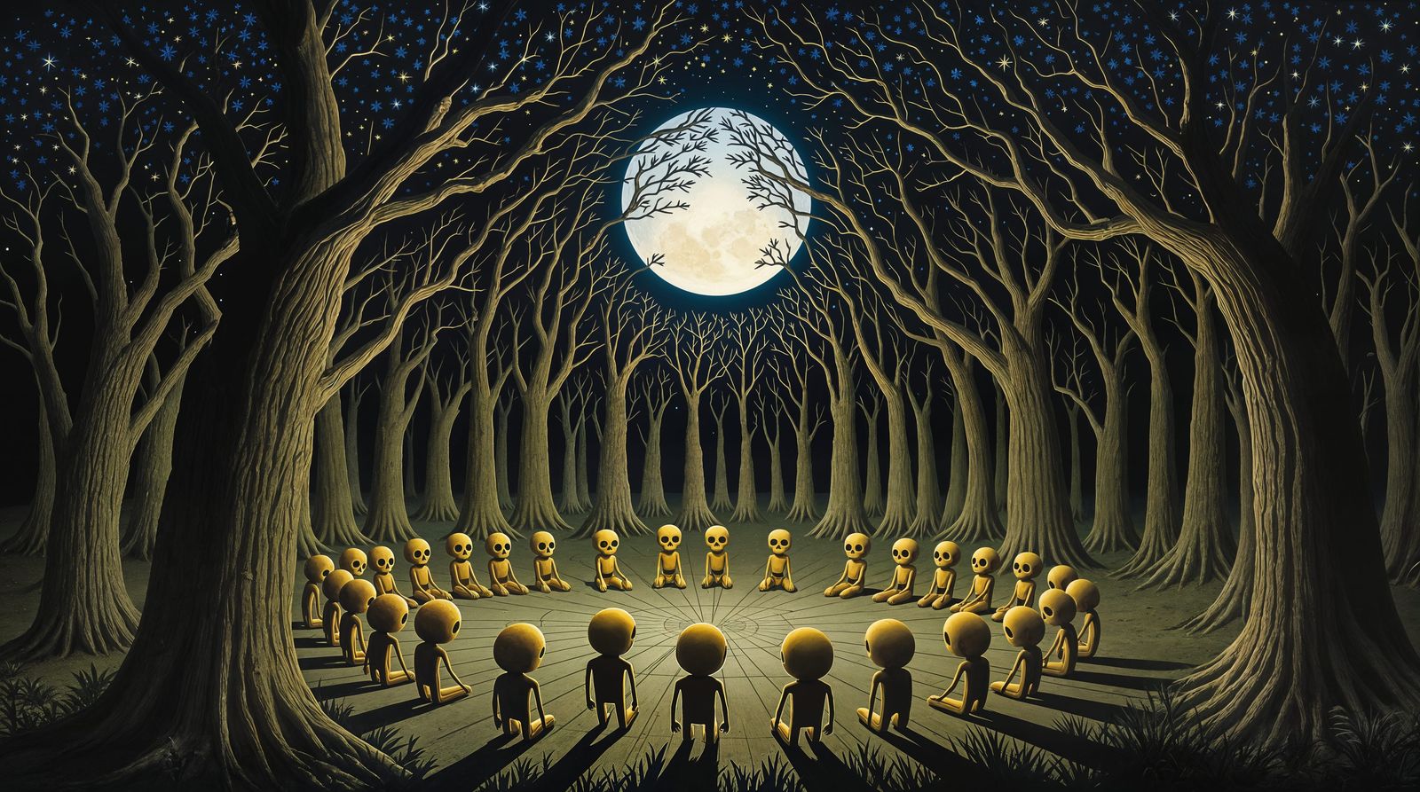 Art Deco Skulls Gather Under Luminous Moon