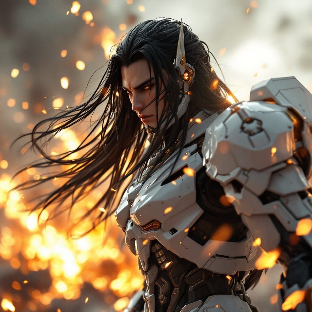 Gundam-Inspired Mecha Warrior in Explosive HDR Scene