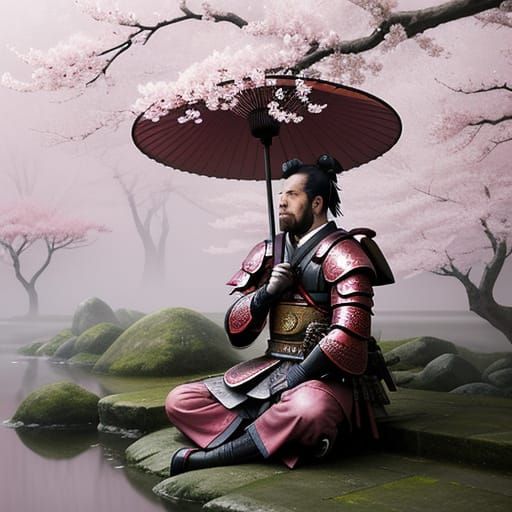 Samurai Meditating Under Cherry Tree in Watercolor Style