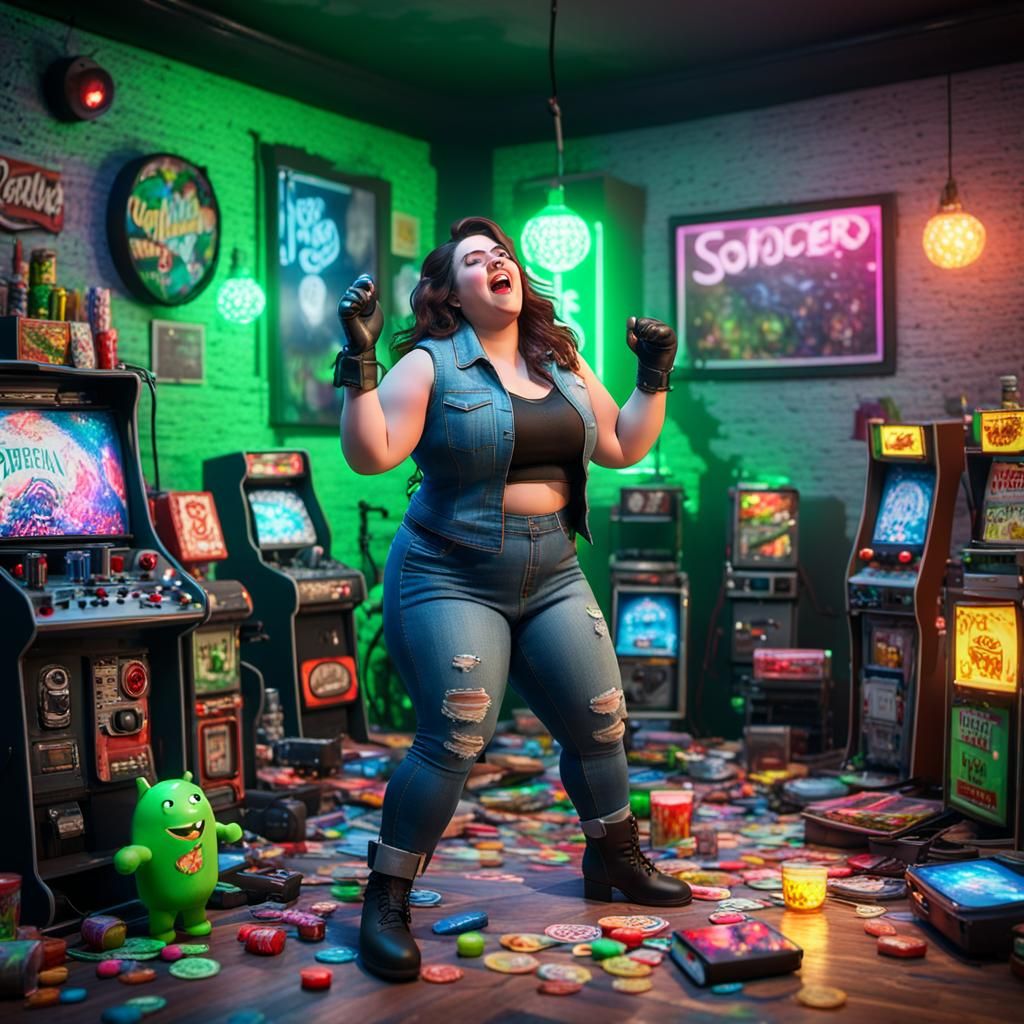 Brunette Woman Sings in Gamer Room: Photorealistic