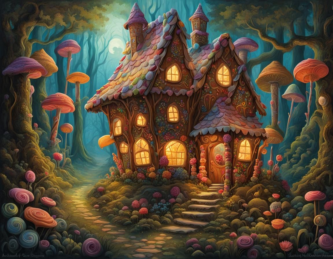 Candy Gingerbread House in Whimsical Forest