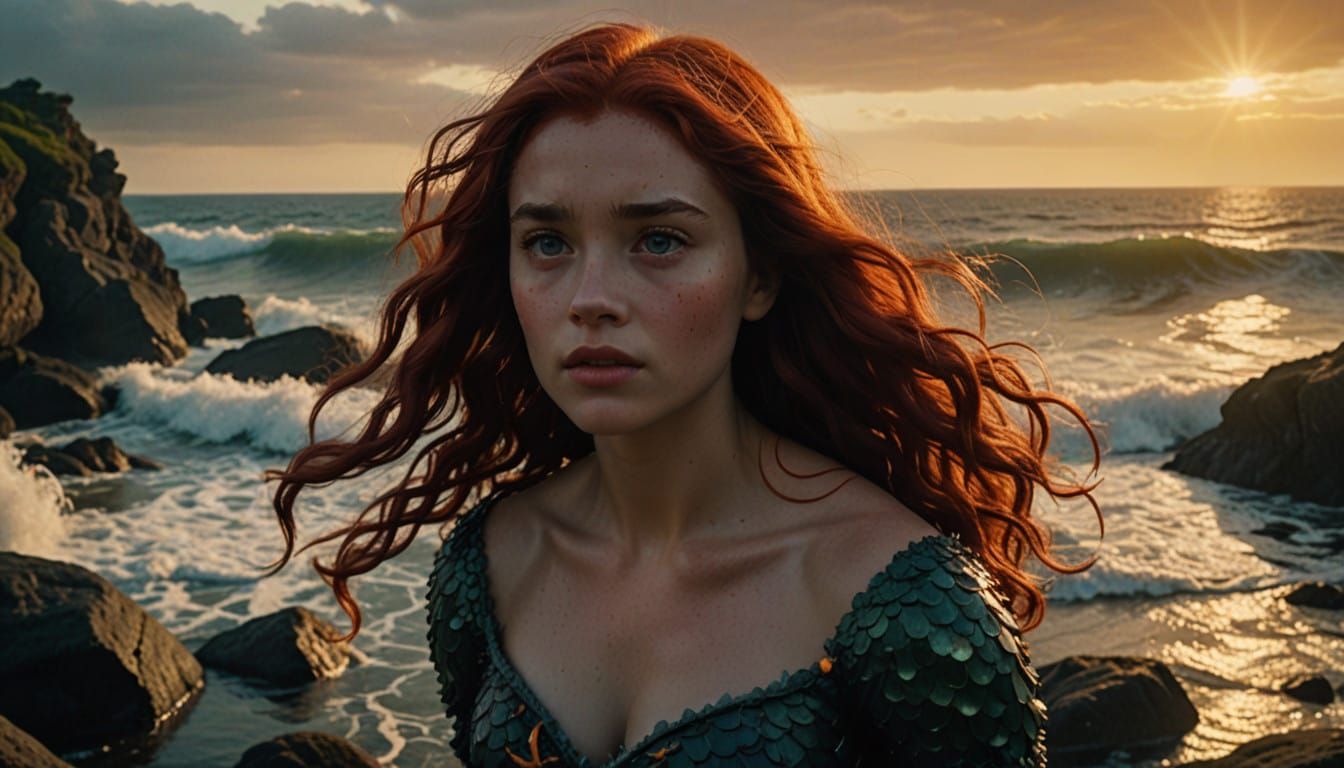 Fiery Red-Haired Ariel Emerges from Ocean Waves in Cinematic...