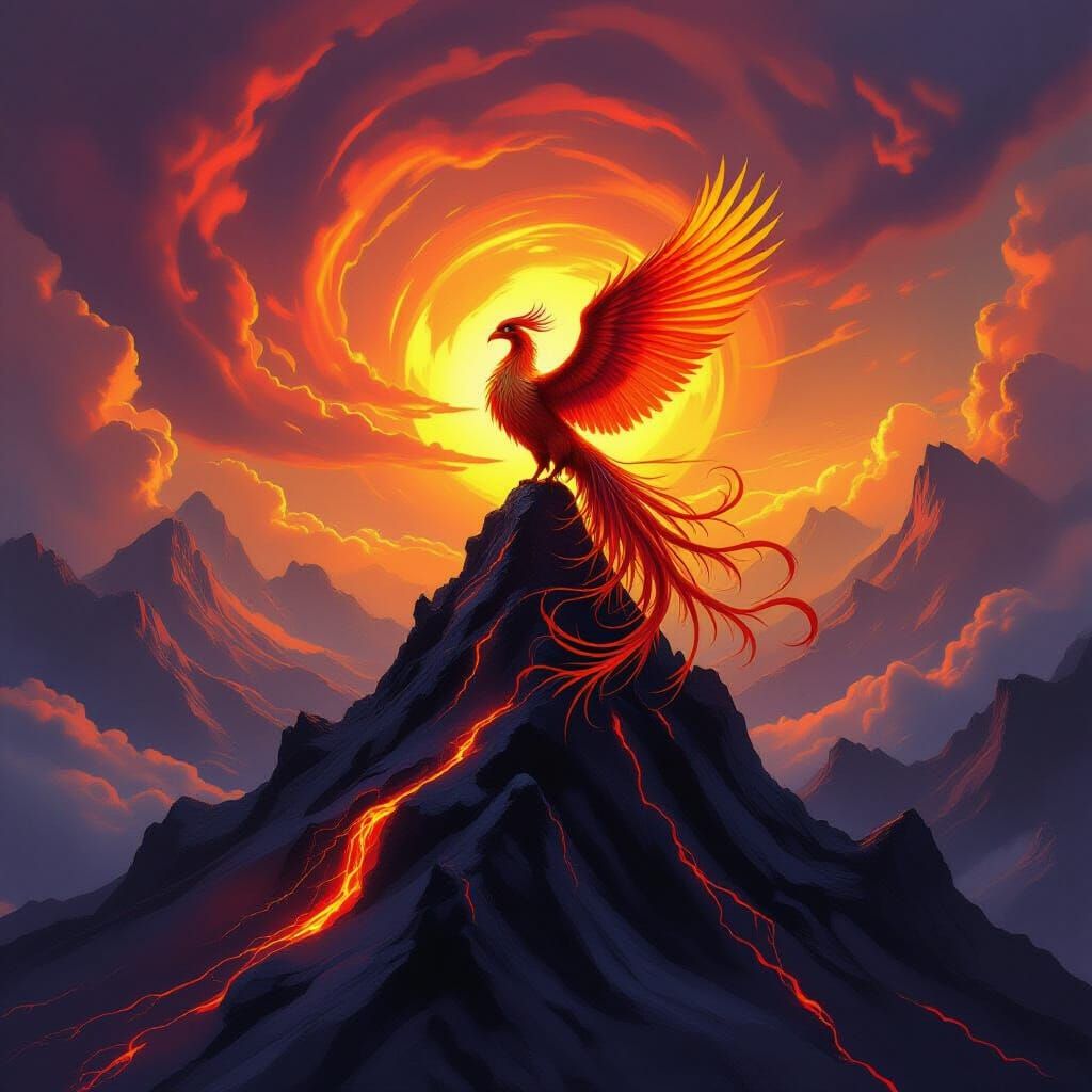 Majestic Phoenix on Volcanic Peak in Sunset Colors