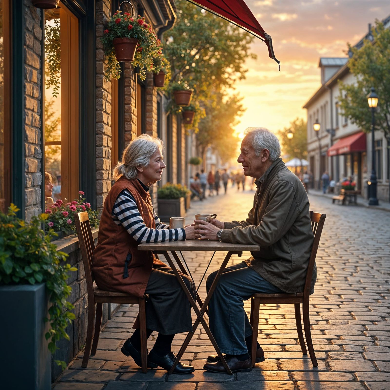 Cozy Evening Coffee in Quaint City at Sunset