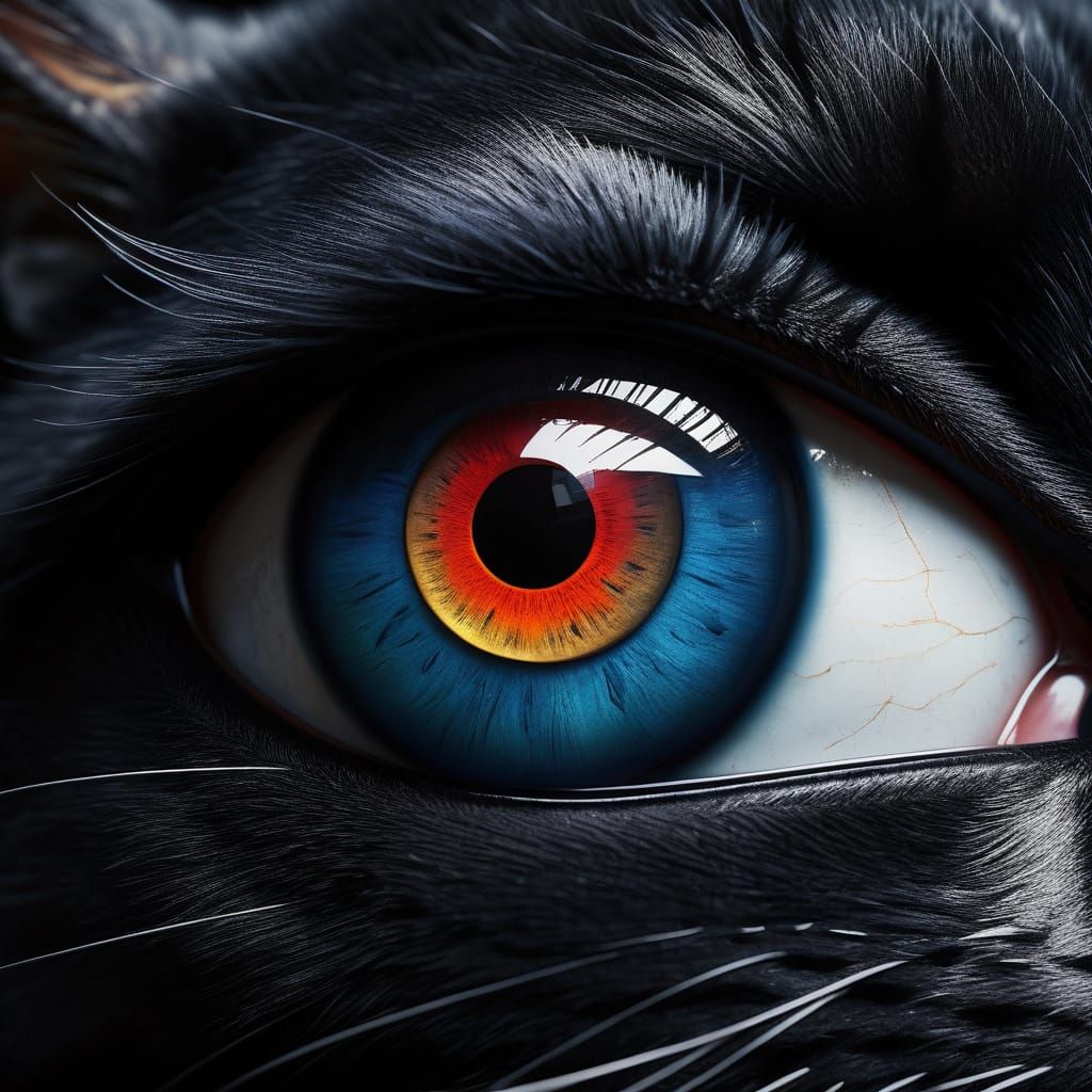 Black Cat Eye Reflects Industrial Hallway: Matte Painting