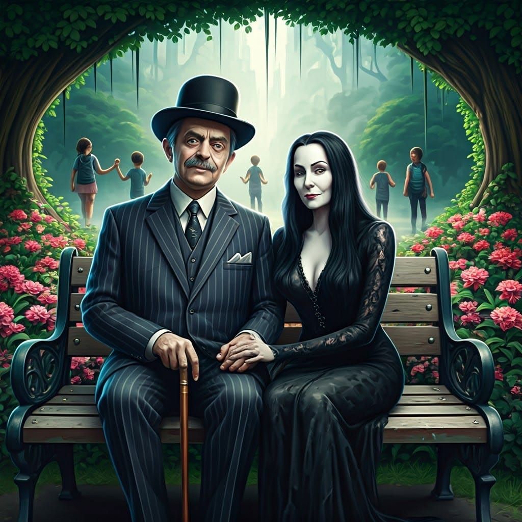 elderly Gomez and Morticia Addams