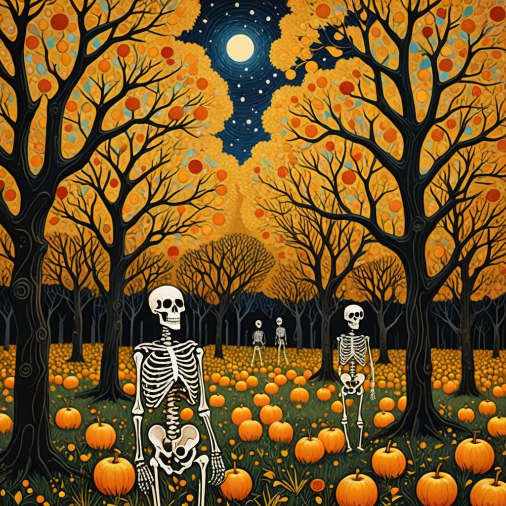 Golden Orchard of Ancestral Skeletons in Dot Art Style