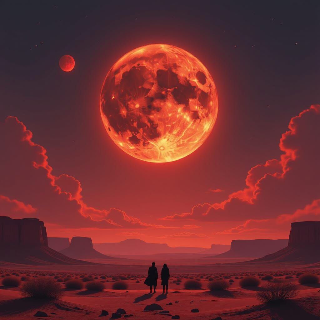 Dramatic Blood Moon Over Desert Landscape