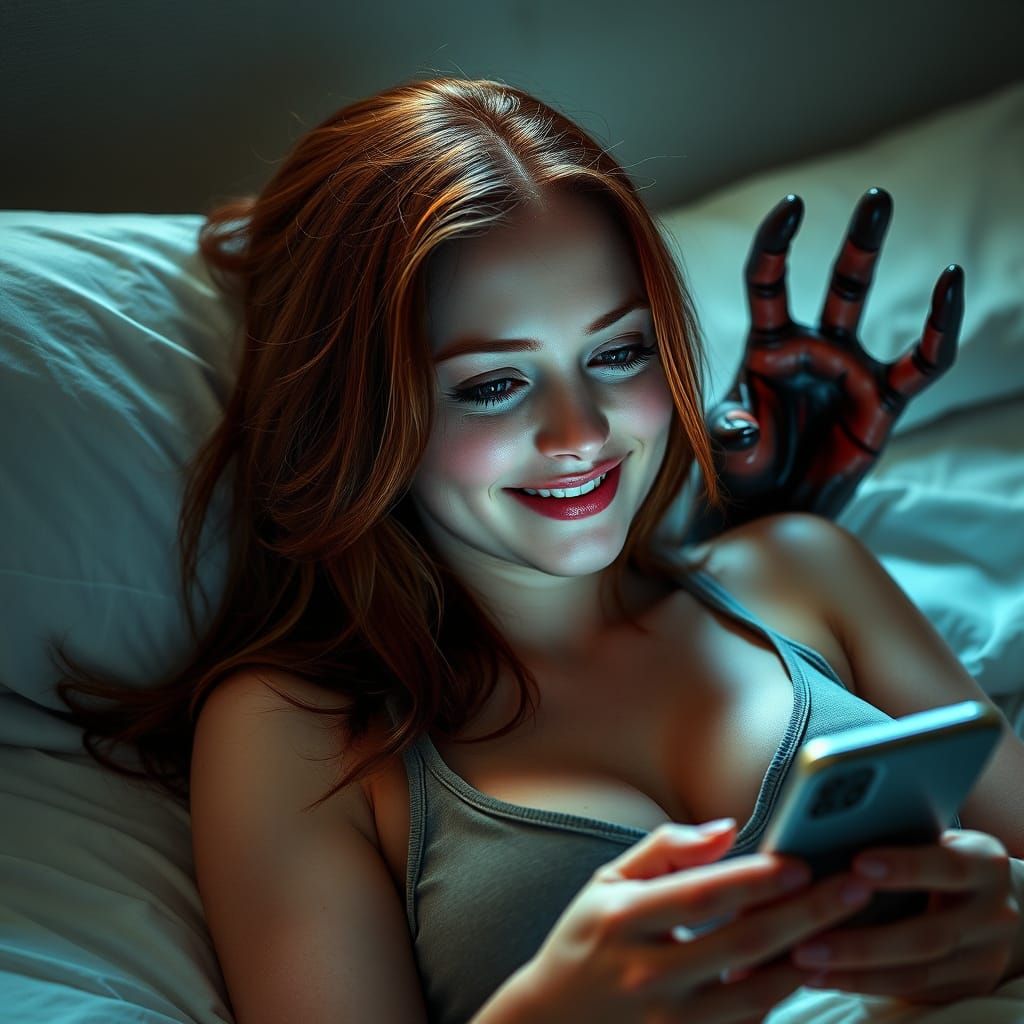 Seductive Woman Smiles as Unseen Horror Lurks