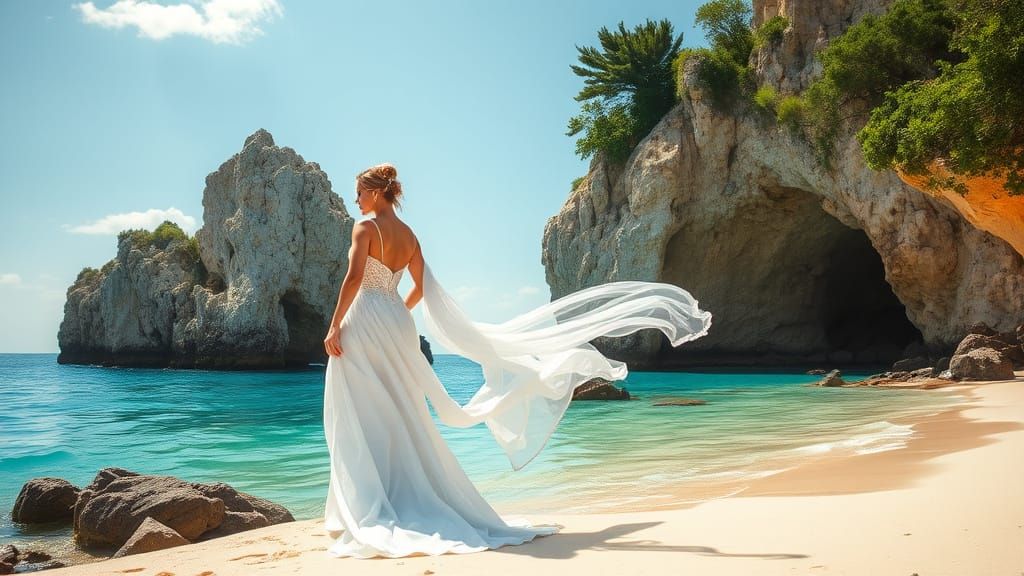 Bride on a Turquoise Beach, Impressionistic Style