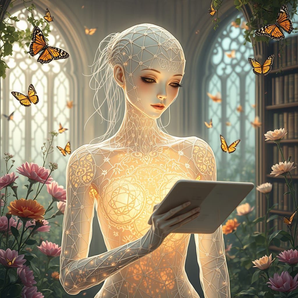 Ethereal Cyborg in Botanical Garden: Anime Style