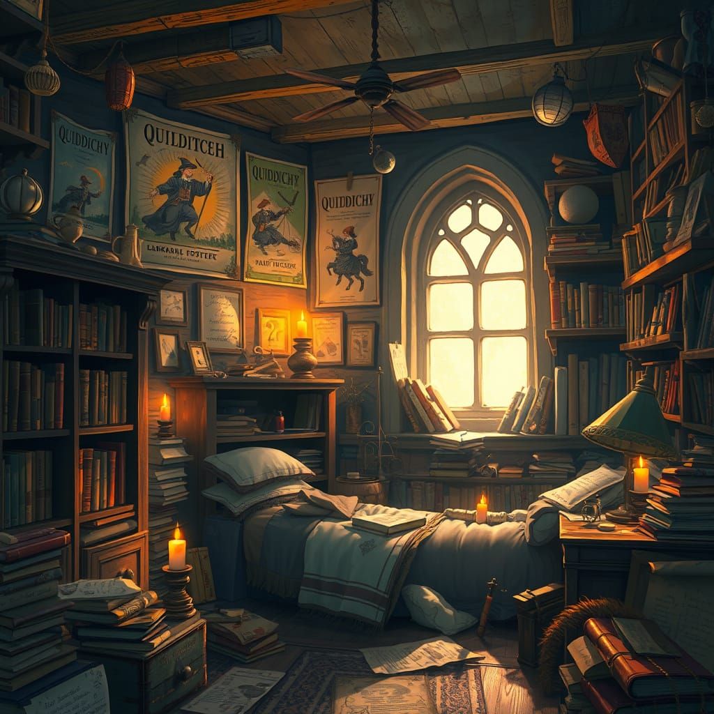 Whimsical Boy Wizard's Sanctuary in Warm, Golden Light