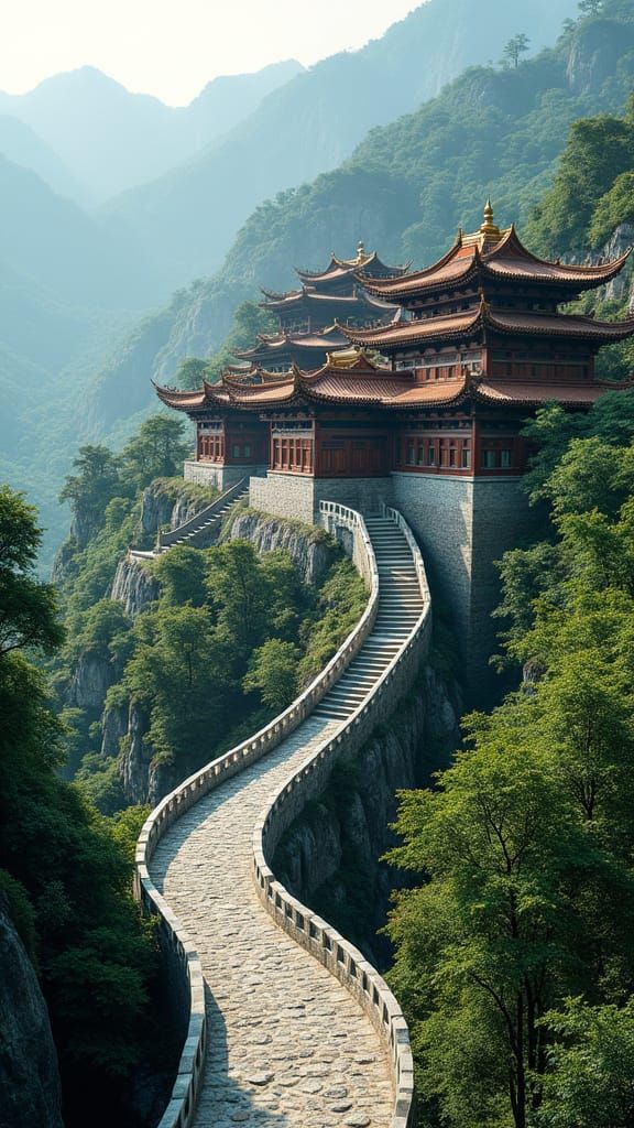 Mountainside Village with Buddhist Monastery in Digital Art ...