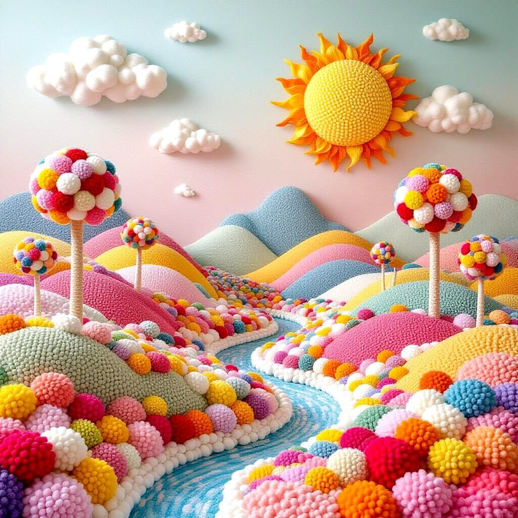 Whimsical Pom Pom Landscape in Textile Art Style