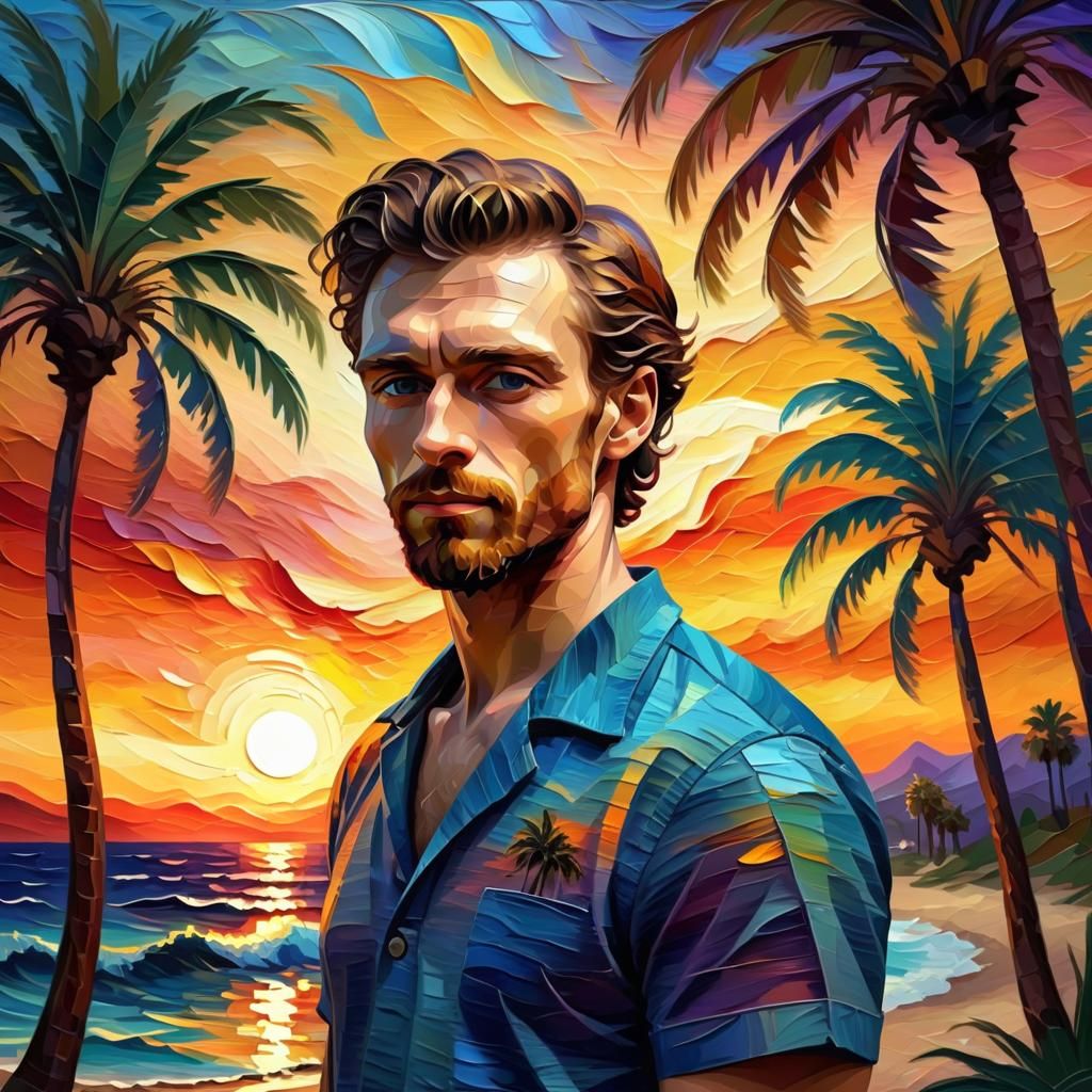 Sunset Portrait with Palm Trees in Impasto Style