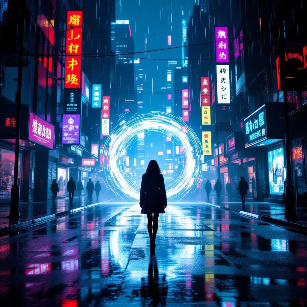 Cyberpunk Portal Opens in Rainy Cityscape