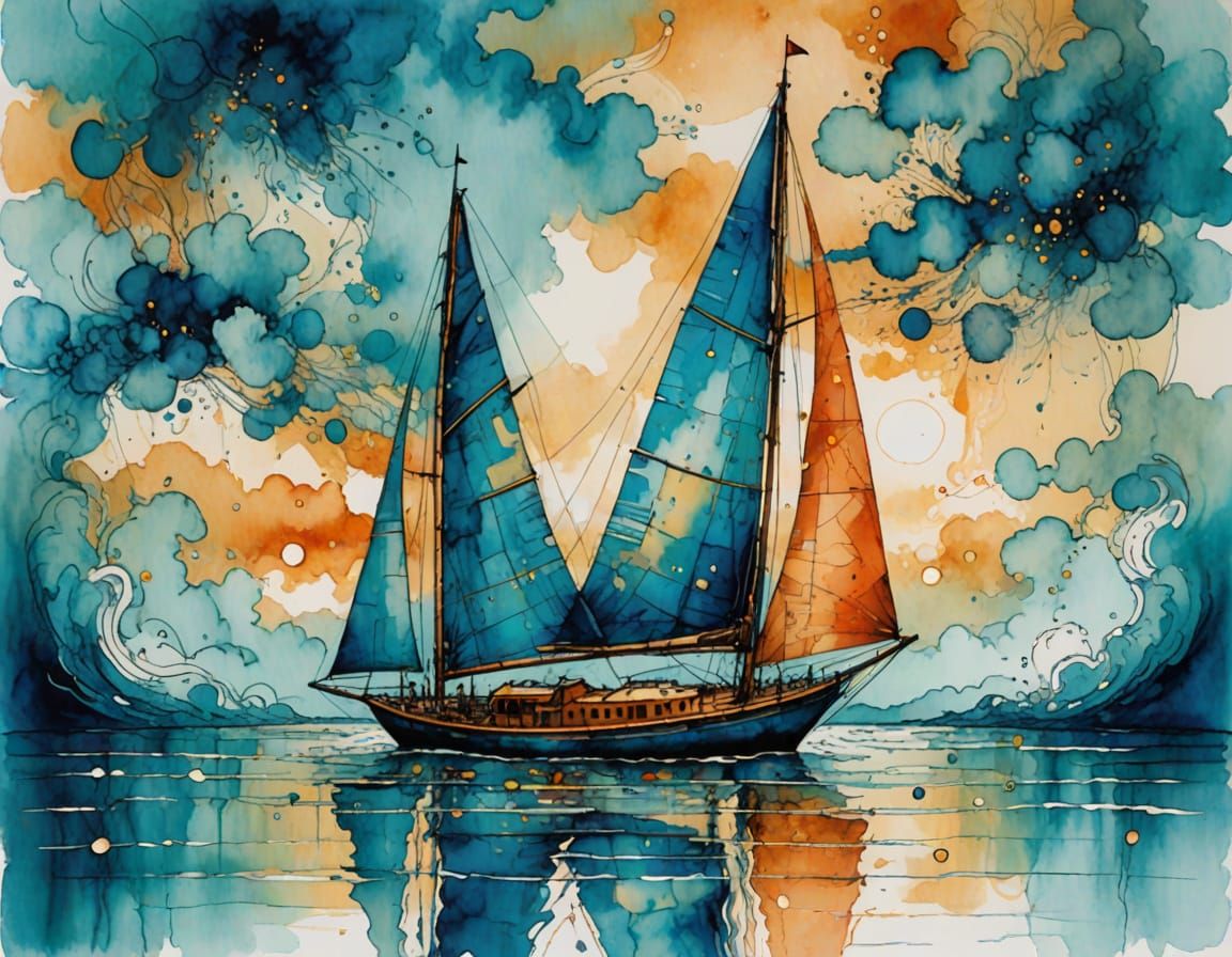 Whimsical Sailboat Abstract Art in Vibrant Hues