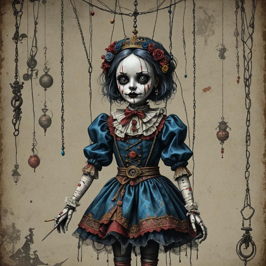 Detailed Pencil Drawing of a Marionette Doll