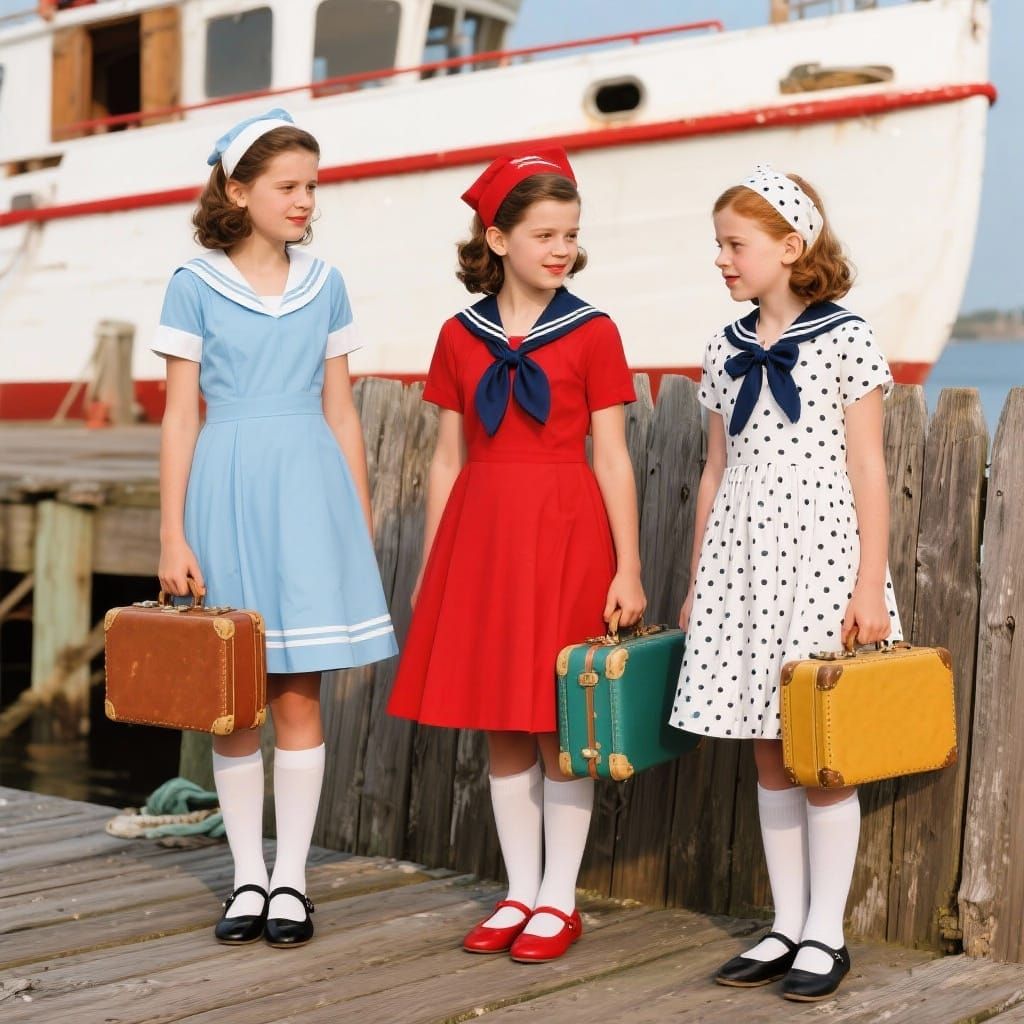 Girls in 1950s Sailor Outfits on Wooden Pier with Suitcases