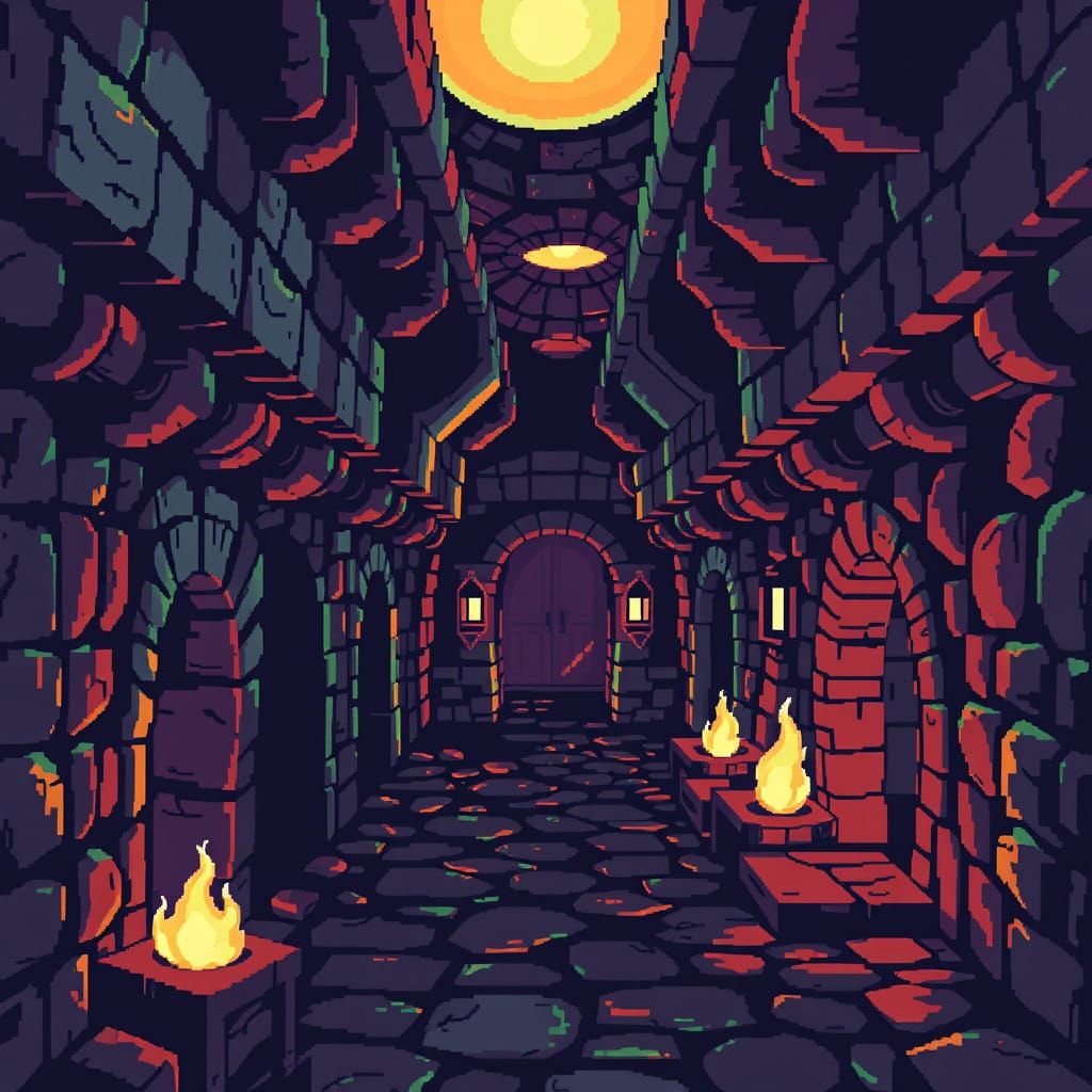 Luminous Labyrinthine Realm in 16-Bit Pixel Art