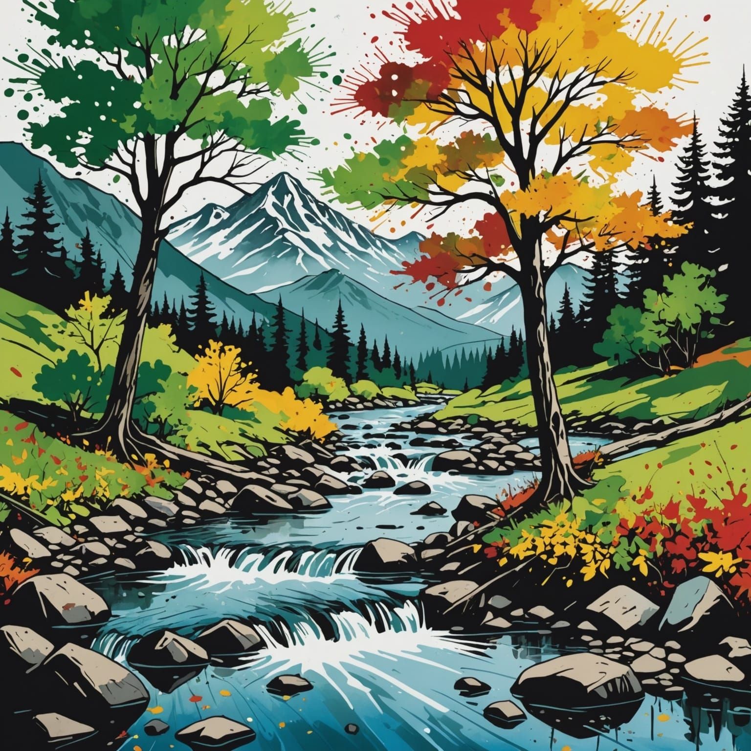 Ink Splatter Art: Tree by a Stream