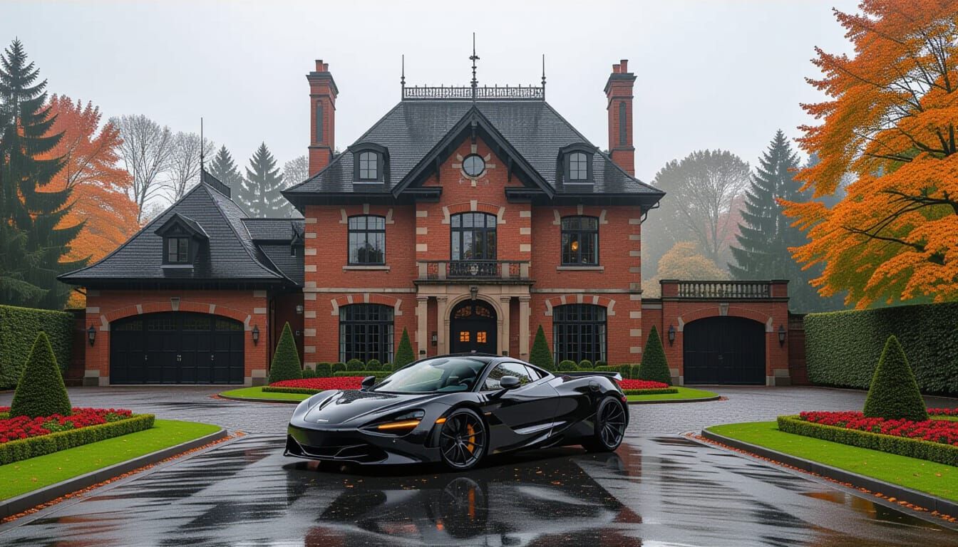 Victorian Chateau with McLaren in Misty Autumn Garden