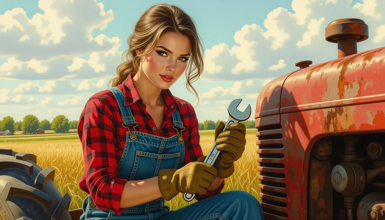 Photorealistic Woman Repairs Tractor in Rural Landscape