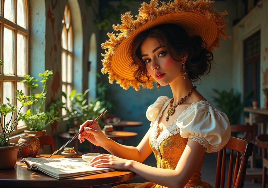 Victorian Lady Painting in Havana Cafe