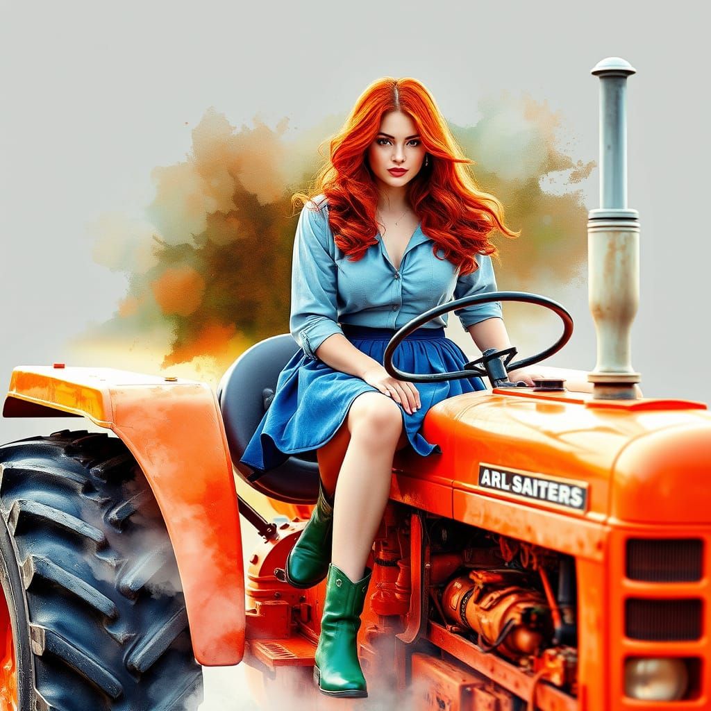Elegant Redhead on Vintage Tractor in Watercolor Style
