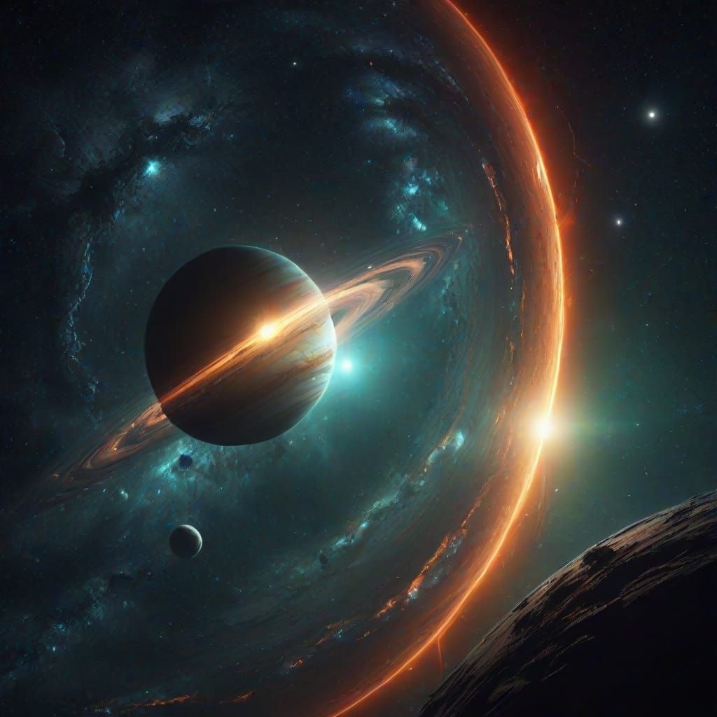 Cinematic Space Vista with Golden Rings and Nebulae