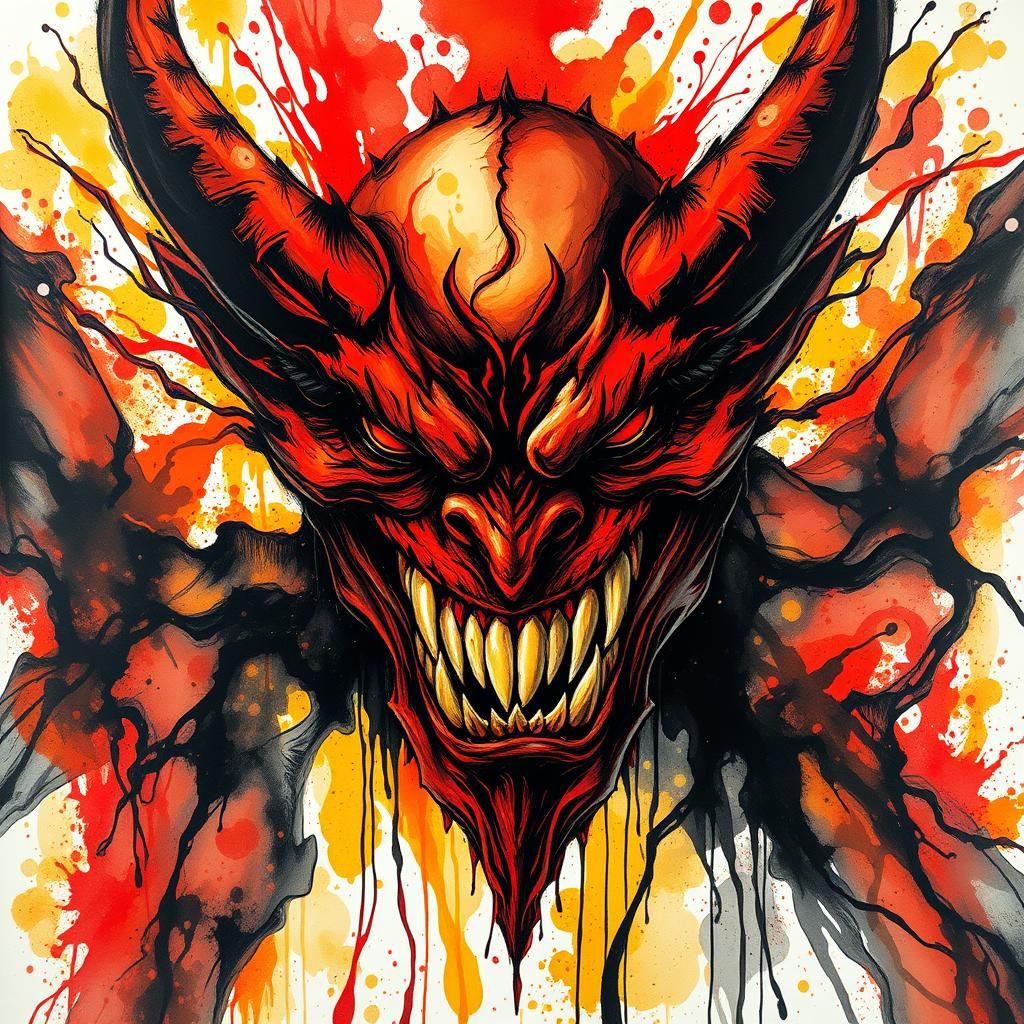 Terrifying Shadow Demon with Menacing Grin in Liquid Ink