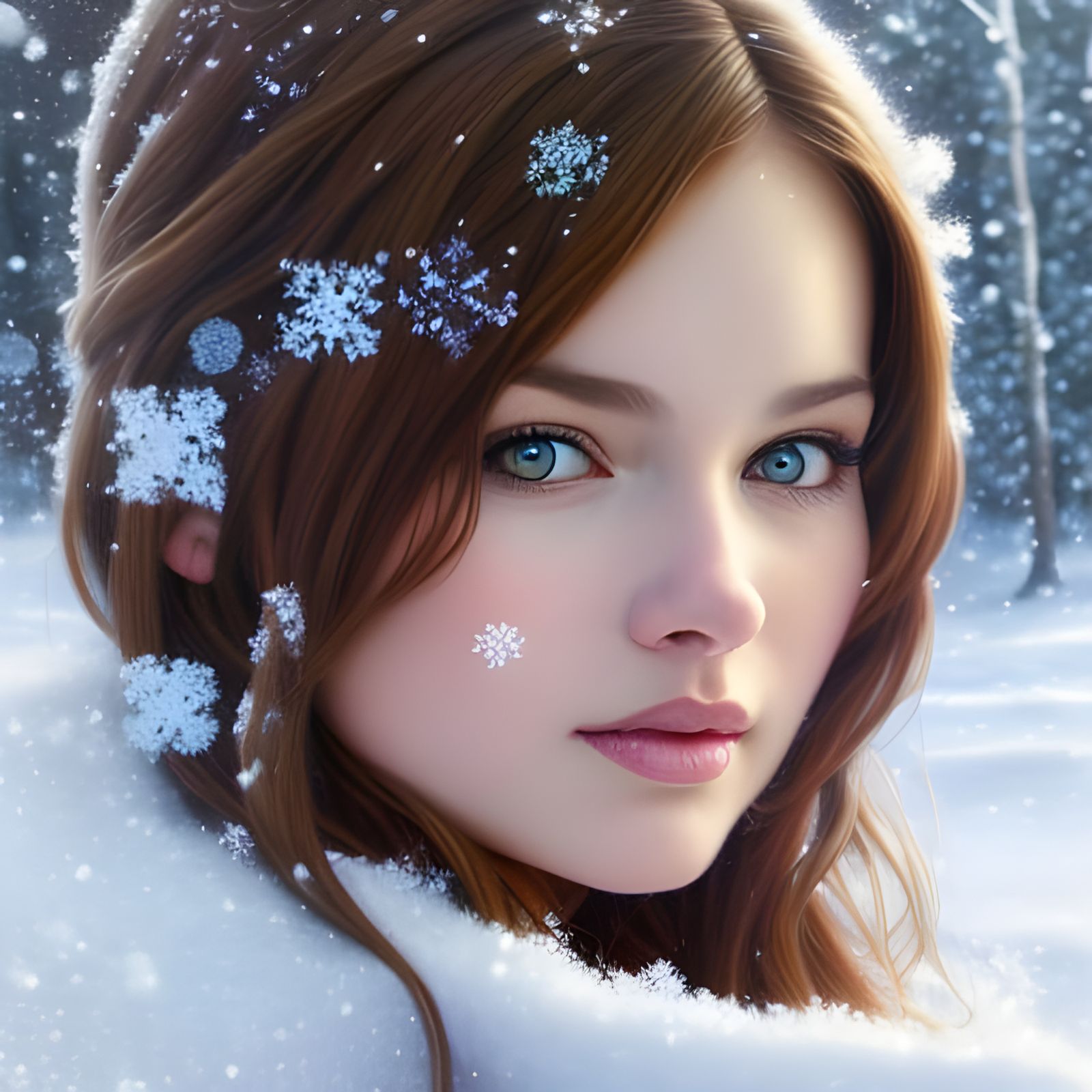Gorgeous Brunette in Snow: Hyperrealistic Digital Portrait