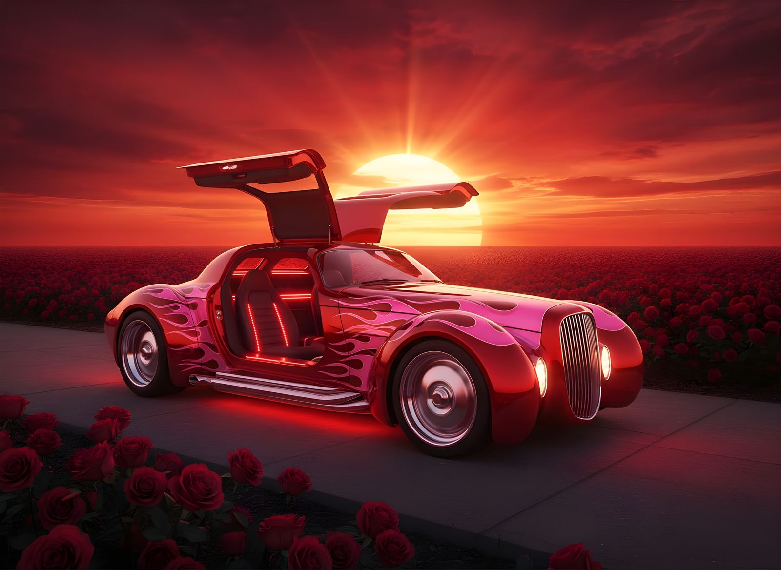 Sleek Red Hotrod with Pink Flames Overlooking Rose Fields