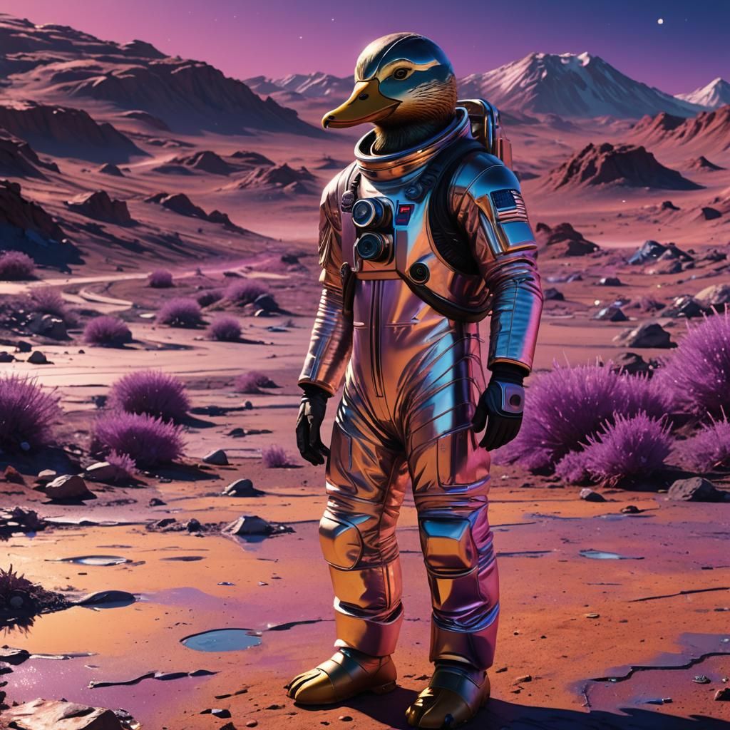 Duck Astronaut on Alien Planet in Sci-Fi Style