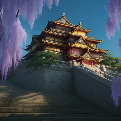 Osaka Castle Illuminated: Surreal Oil Painting at Dusk