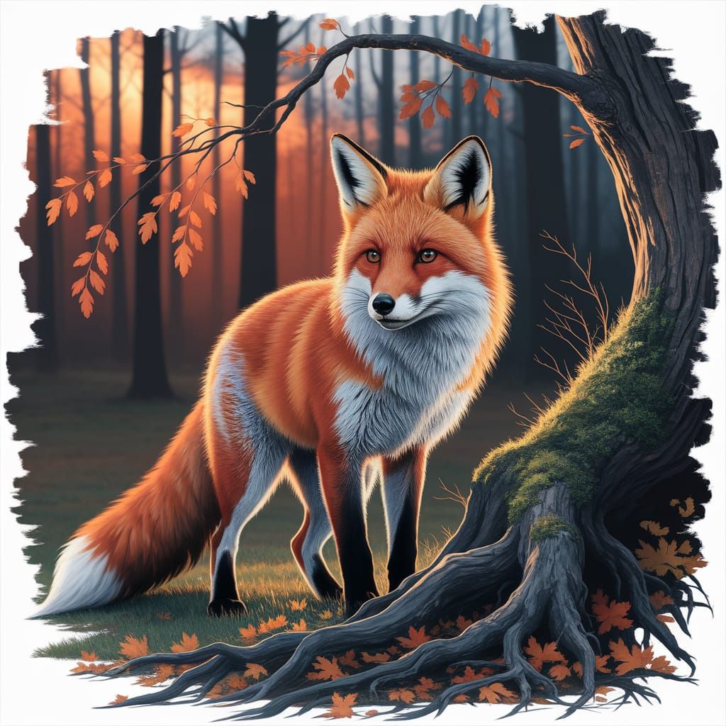 Red Fox in Autumn Woodland, Digital Painting