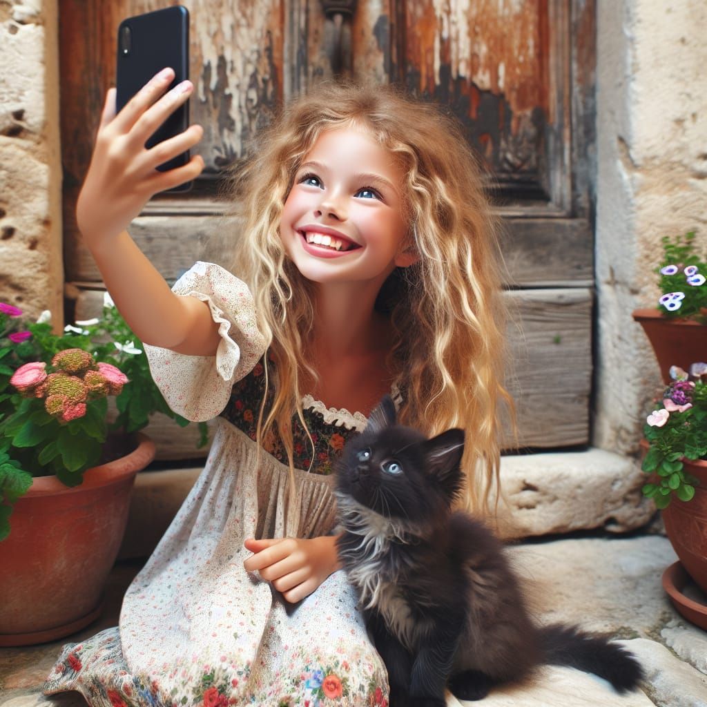 Girl and Kitten Take a Selfie